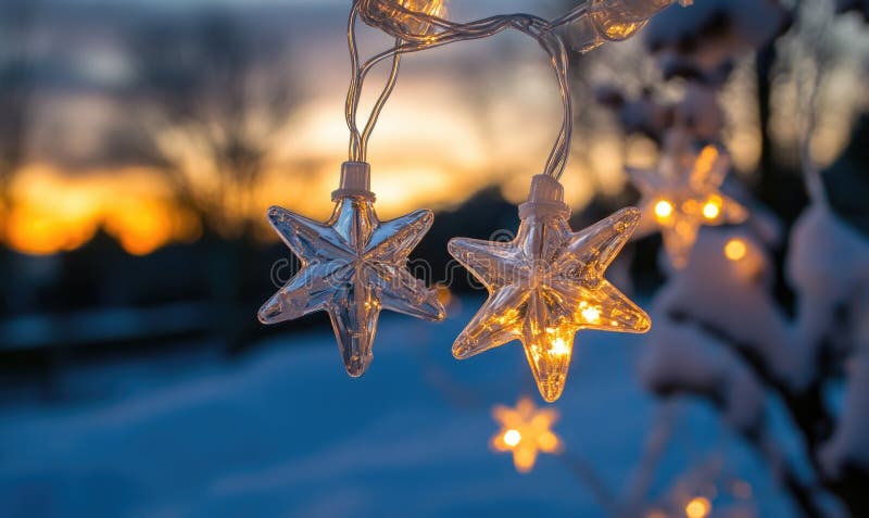 Cold light string lights with glass stars, icy theme royalty free stock image