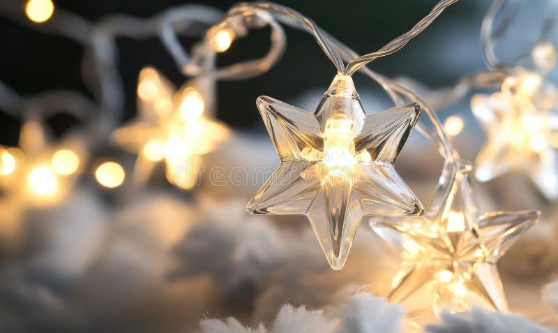 Cold light string lights with glass stars, icy theme stock illustration