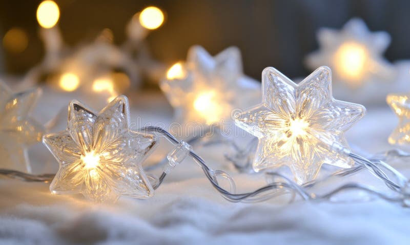 Cold light string lights with glass stars, icy theme stock illustration