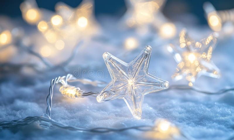 Cold light string lights with glass stars, icy theme vector illustration