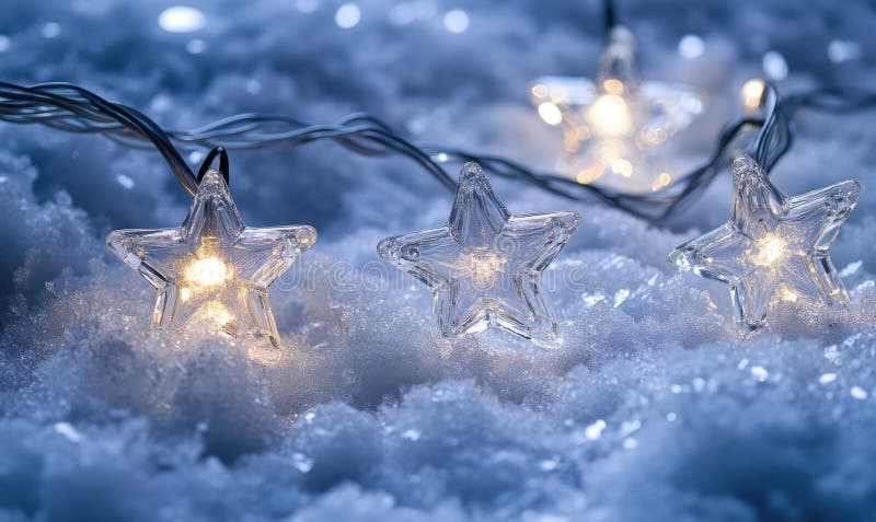 Cold light string lights with glass stars, icy theme stock image