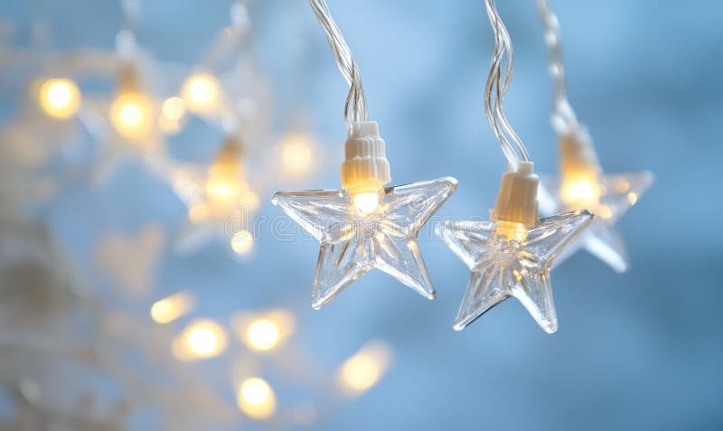 Cold light string lights with glass stars, icy theme royalty free stock image