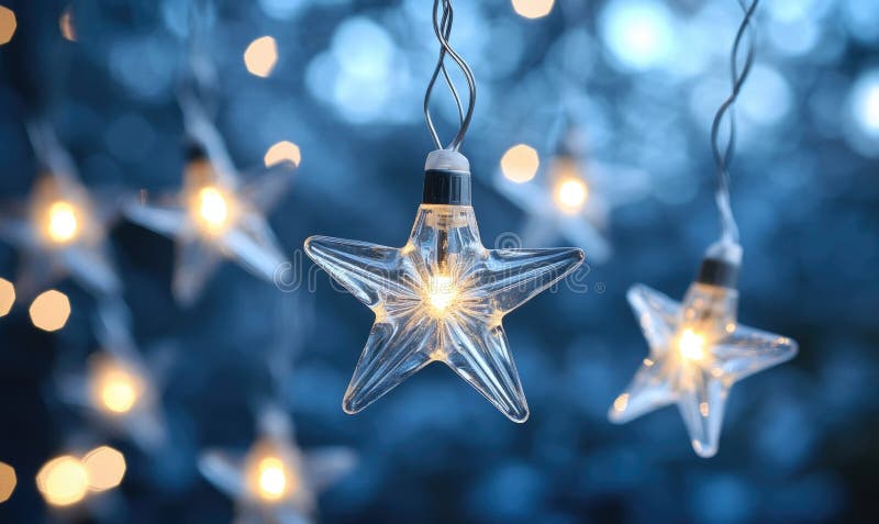 Cold light string lights with glass stars, icy theme stock images