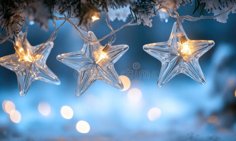 Cold light string lights with glass stars, icy theme royalty free stock photos