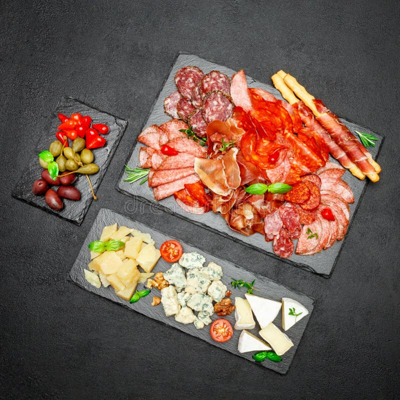 Cold Meat Cheese Plate with Salami Chorizo Sausage and Various Type of