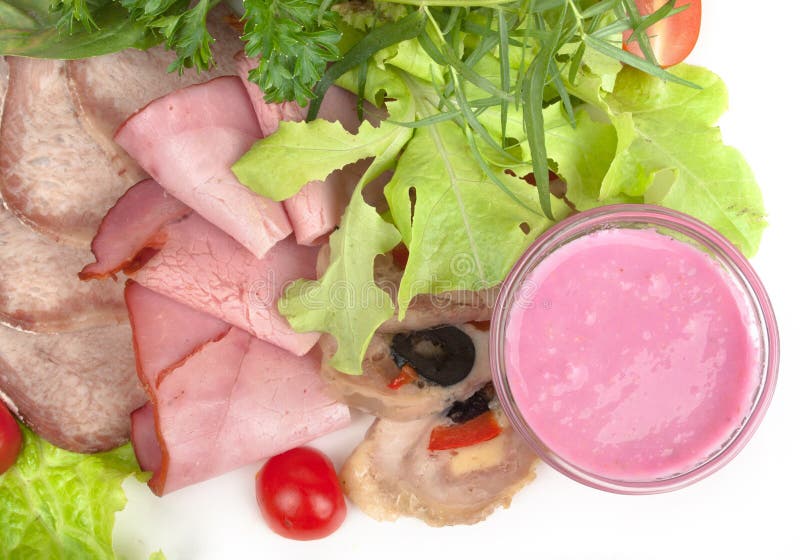 Cold Meat Dish Sliced Meat Plate with Fresh Salad Leaf Stock Photo