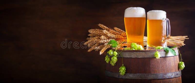 Cold mugs of beer, wheat ears and green hops on a wooden barrel