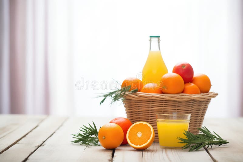 Cold-pressed juice beside a basket of fresh oranges royalty free stock photos