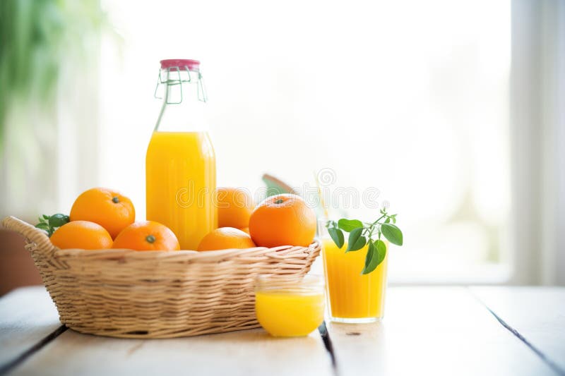 Cold-pressed juice beside a basket of fresh oranges stock photo