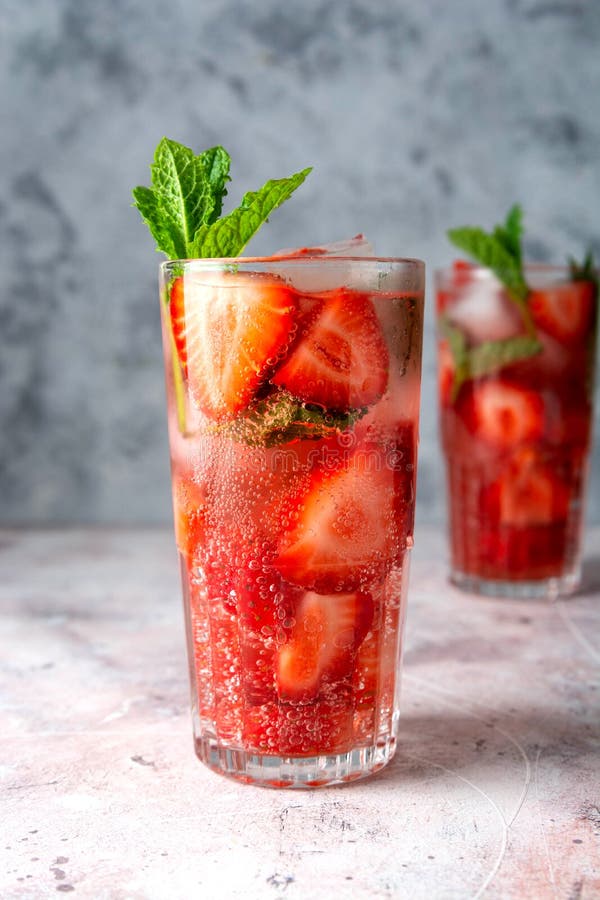 Cold Refreshing Strawberry Summer Drink with Strawberry and Mint