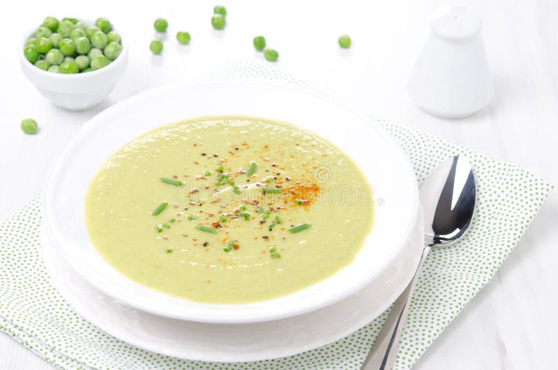 Cold Soup of Green Peas with Yogurt and Chives Stock Photo Image of