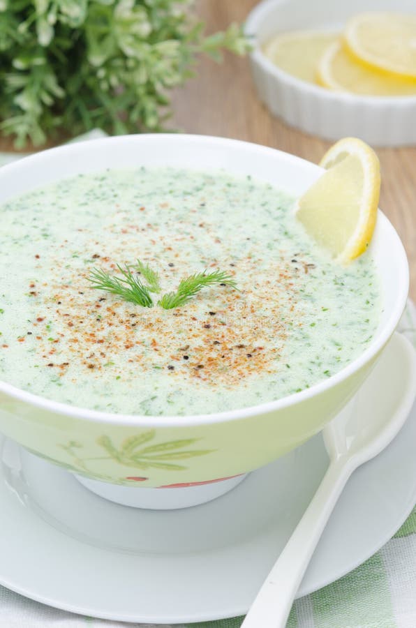 Cold Soup with Kefir and Fresh Herbs Closeup Selective Focus Stock