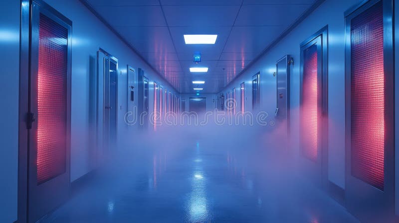 Cold Storage Facility Corridor With Climate Control for Pharmaceutical Products and Perishable Items During Night Hours stock images