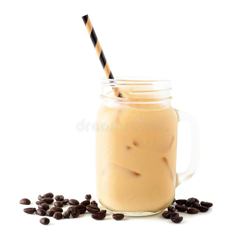 Cold Iced Latte in a Mason Jar with Coffee Beans Isolated on White