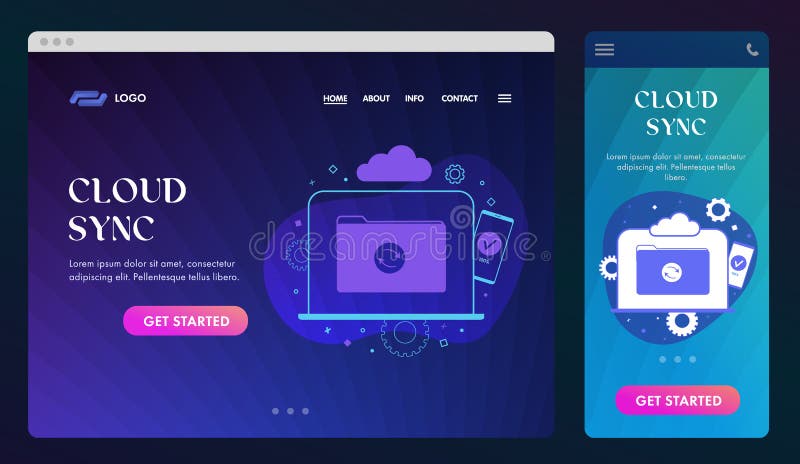 Cold Sync UI UX-webbdesignmall och GUI Mobile-program, landningssida Lagringsnätverk för molndatorhantering vektor illustrationer