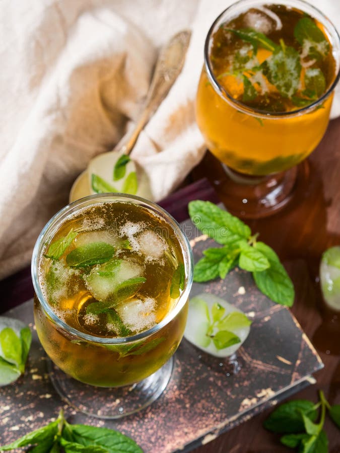 Cold Tea with Ice and Mint Leaves Stock Photo Image of refreshment, textile 70431714