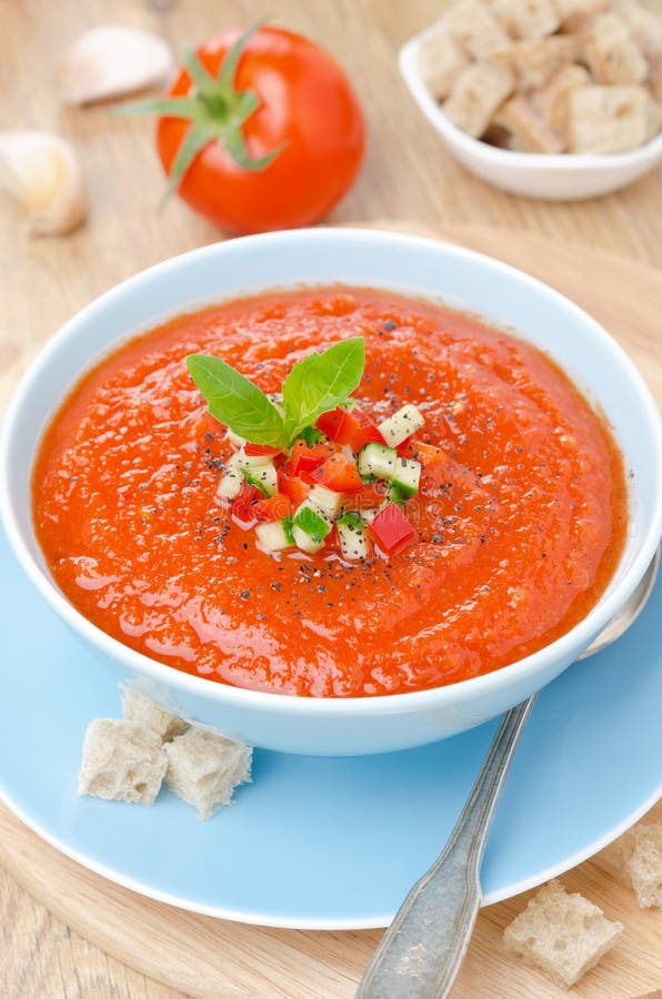 Cold Tomato Soup Gazpacho with Basil in a Bowl Top View Vertical Stock ...