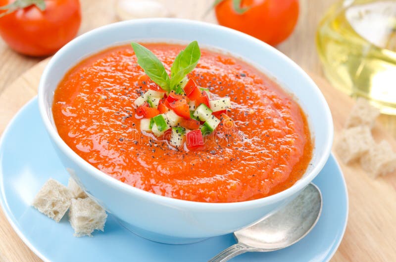 Cold Tomato Soup Gazpacho with Basil and Croutons in a Bowl Stock Photo ...