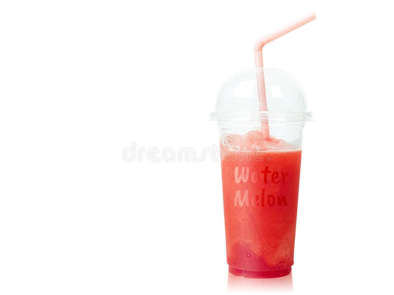 Cold Watermelon Smoothie in plastic cup with straws isolated on white background. Summer drink.  Clipping path