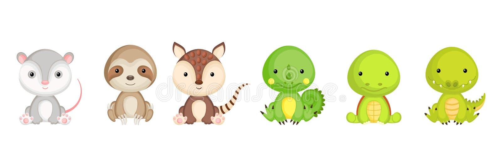 Pequenos animais sentados personagens do zoológico kawaii animal fofo com  sorriso feliz conjunto vetorial de personagens ilustração de desenho  animado animal gráfico isolado kawaii