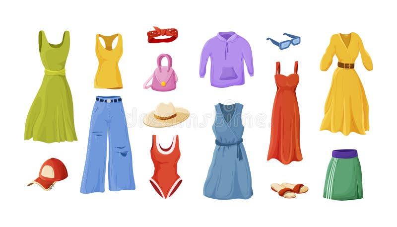 Coleção De Vestidos Femininos Elegantes De Verão. Conjunto De Roupas  Femininas Diferentes Ilustração do Vetor - Ilustração de oficina, forma:  223468367