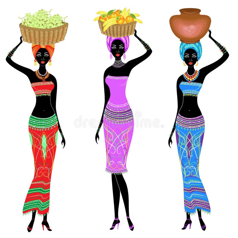 cole??o Senhora afro-americana bonita A menina está levando uma cesta em sua cabeça com caquis, laranjas, bananas, uvas e