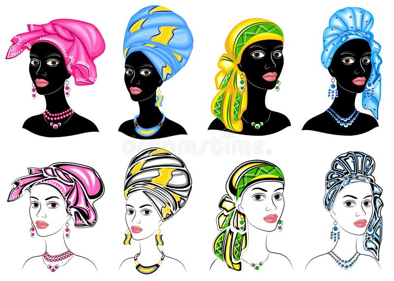 cole??o Silhueta de uma cabe?a de uma senhora doce Um xaile brilhante, um turbante, amarrado ? cabe?a de uma menina afro-american ilustração royalty free cole??o Silhueta de uma cabe?a de uma senhora doce Um xaile brilhante, um turbante, amarrado ? cabe?a de uma menina afro-american ilustração royalty free