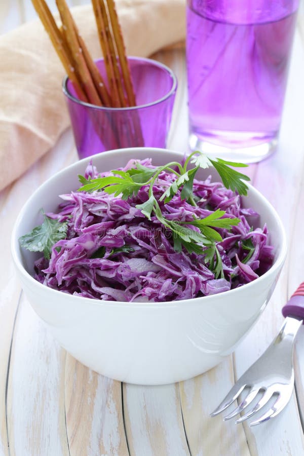 Cole Slaw-salade van rode kool met peterselie royalty-vrije stock foto's Cole Slaw-salade van rode kool met peterselie royalty-vrije stock foto's