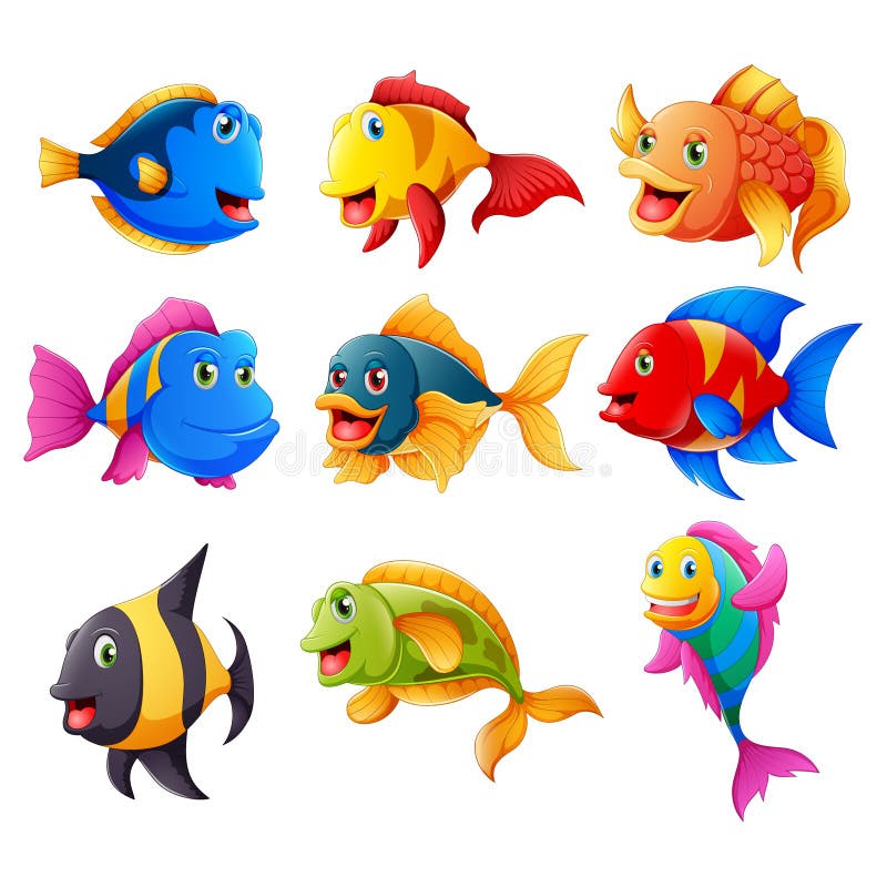 Colección De Adorables Peces De Dibujos Animados Ilustración del Vector -  Ilustración de agua, tropical: 165979734