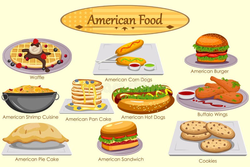 Comida americana y menú de cocina de EE.UU. Cubierta para restaurante y  café, vector. Cocina americana platos tradicionales y comidas con cartel  con sándwich, cheesebu Imagen Vector de stock - Alamy