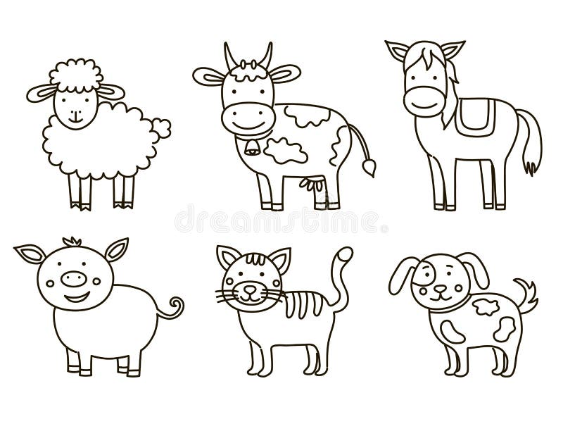 Colección De Dibujos Animados De Animales Domésticos En El Libro De  Colorear El Fondo Blanco Stock de ilustración - Ilustración de poultry,  fauna: 204450103