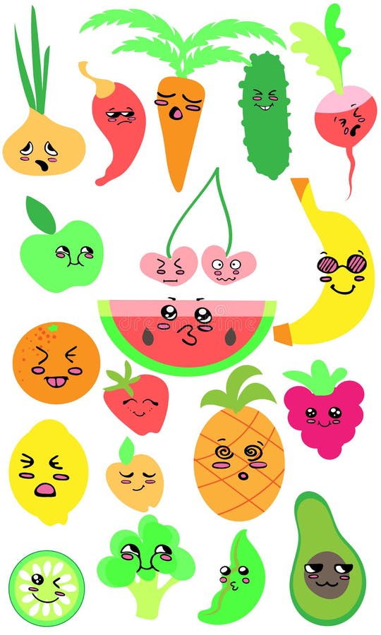 Colección De Dibujos Animados De Frutas Y Verduras Ilustraciones  Vectoriales Stock de ilustración - Ilustración de aislado, adorable:  182046568