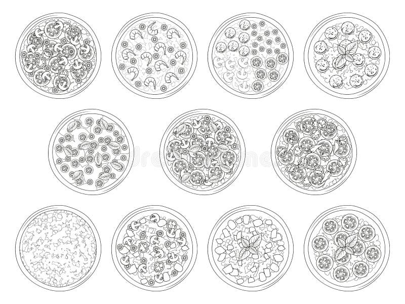 Colecci?n de pizza con los diversos ingredientes Margherita, salchichones stock de ilustración Colecci?n de pizza con los diversos ingredientes Margherita, salchichones stock de ilustración