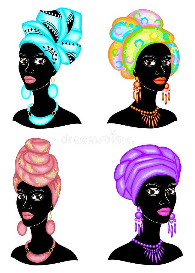 colecci?n Silueta de una cabeza de una se?ora dulce Un mant?n brillante, un turbante se ata en la cabeza de una muchacha afroamer stock de ilustración colecci?n Silueta de una cabeza de una se?ora dulce Un mant?n brillante, un turbante se ata en la cabeza de una muchacha afroamer stock de ilustración