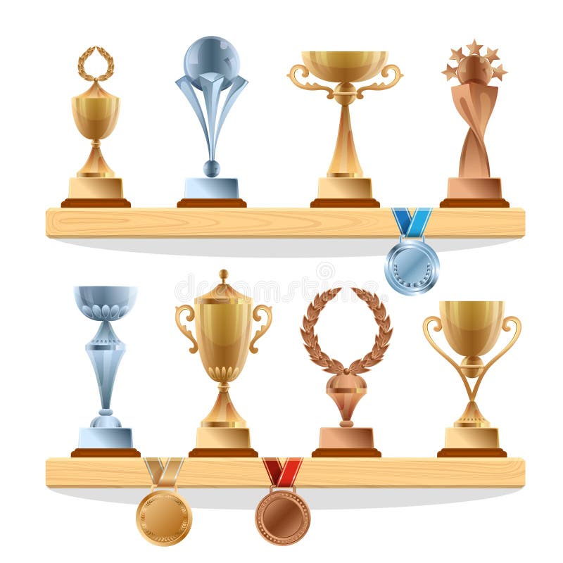 Colecciones del trofeo en el estante De oro, de bronce y medallistas de plata y tazas Premios del vector fijados libre illustration Colecciones del trofeo en el estante De oro, de bronce y medallistas de plata y tazas Premios del vector fijados libre illustration
