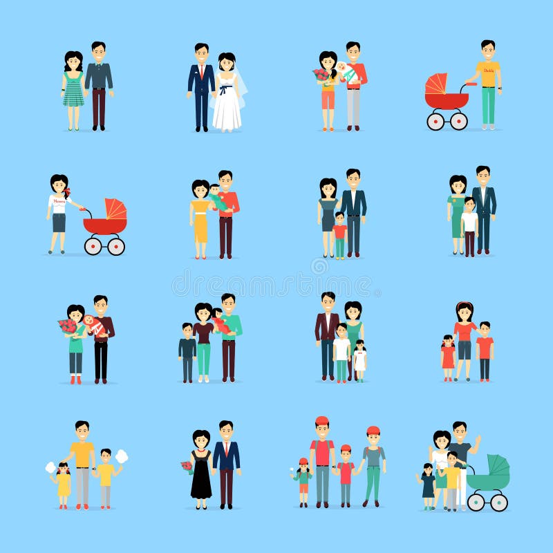 Married couple people life set on blue background. Dating pair, wedding day, couple with newborns, family spending time together with cotton candy, gradual process of children growing up vector poster. Married couple people life set on blue background. Dating pair, wedding day, couple with newborns, family spending time together with cotton candy, gradual process of children growing up vector poster