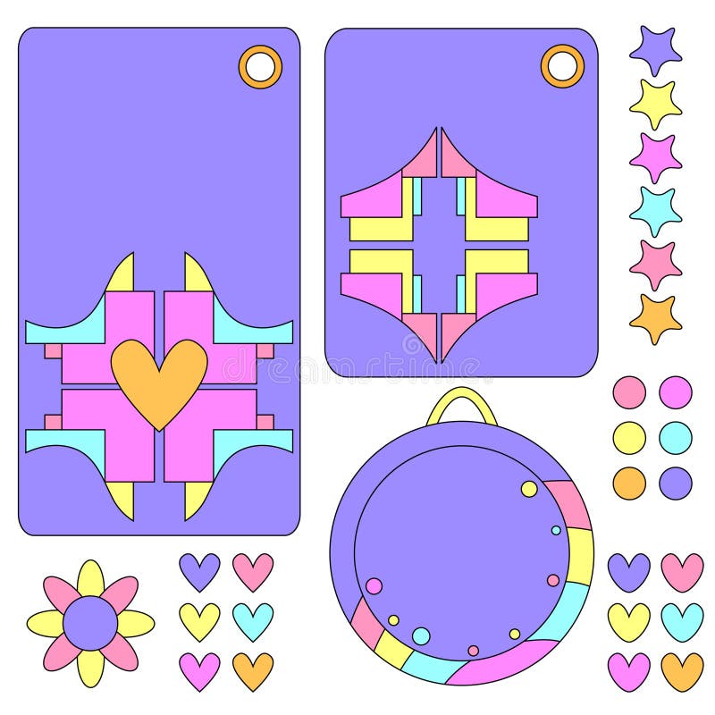 Colección colorida de la etiqueta con los corazones, la flor y las estrellas ilustración del vector Colección colorida de la etiqueta con los corazones, la flor y las estrellas ilustración del vector