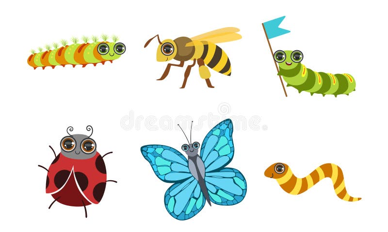 Colección Cute Graciosa de Insectos de Caricatura, Ladybug, Mariposa, Escarabajo de Cerveza, Ilustración Vector Wasp stock de ilustración