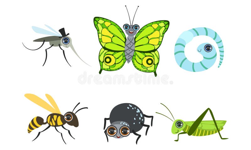 Colección Cute Graciosa de Insectos de Caricatura, Mosquito, Mariposa, Caterpillar, Wasp, Grasshopper, Spider, Vector de gusano ilustración del vector