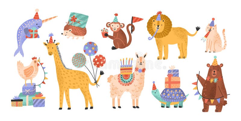 Colección de animales salvajes adorables lindos que celebran cumpleaños en el partido Paquete de personajes de dibujos animados g