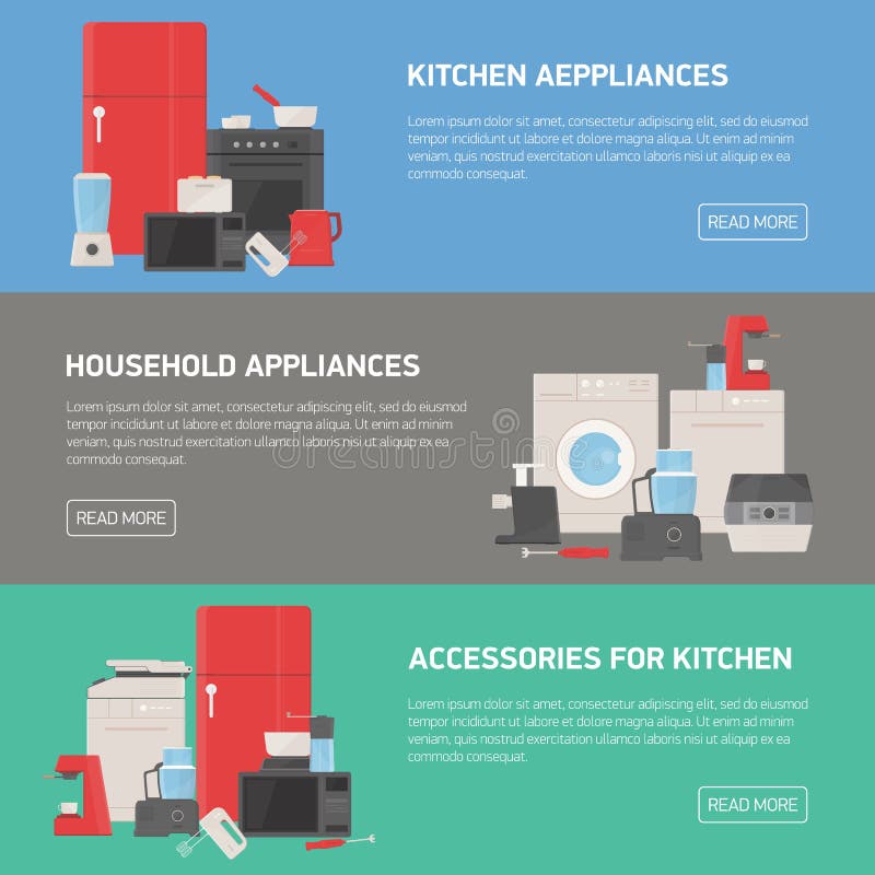 Colección de banderas horizontales con los dispositivos del hogar y de cocina, accesorios, utensilios, electrónico y manual ilustración del vector Colección de banderas horizontales con los dispositivos del hogar y de cocina, accesorios, utensilios, electrónico y manual ilustración del vector