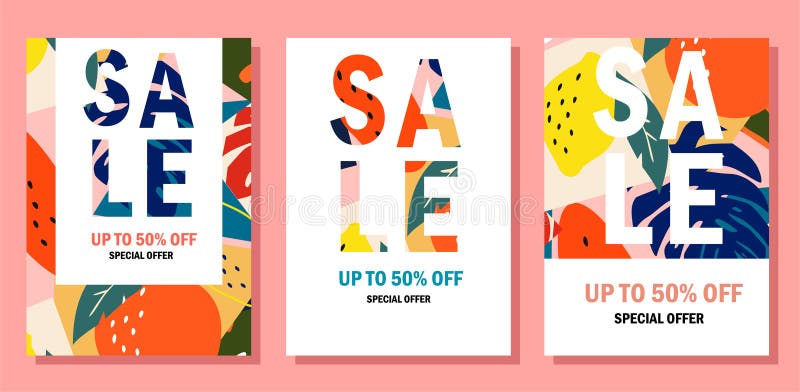 Colección de banderas de la venta del verano Dise?o abstracto de moda Frutas tropicales e instalaciones exóticas modernas libre illustration Colección de banderas de la venta del verano Dise?o abstracto de moda Frutas tropicales e instalaciones exóticas modernas libre illustration