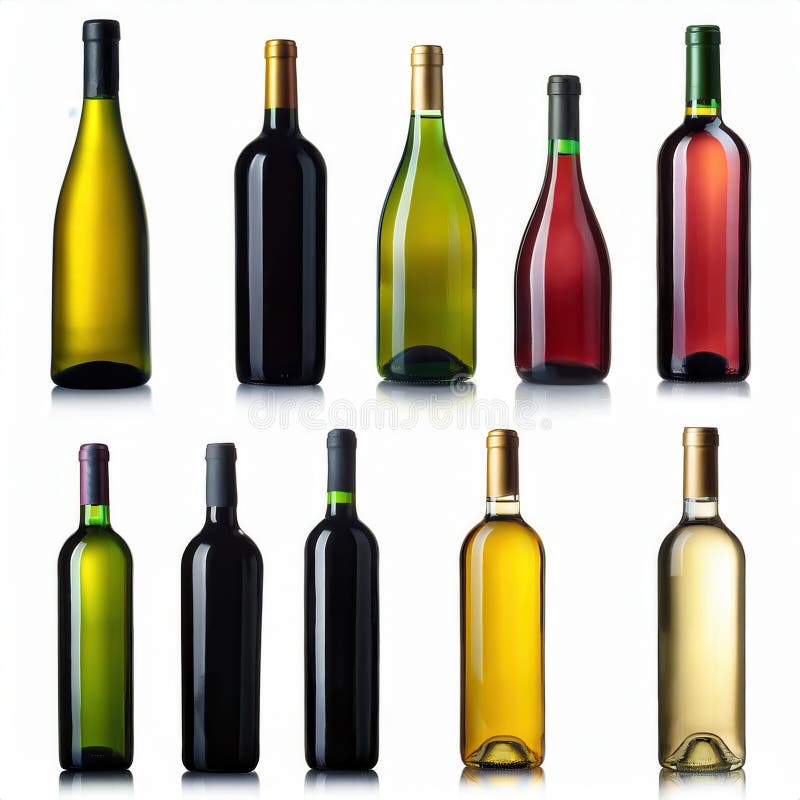 Colección de botellas de vino coloridas dispuestas en diferentes formas y tamaños sobre una superficie reflectante imágenes de archivo libres de regalías