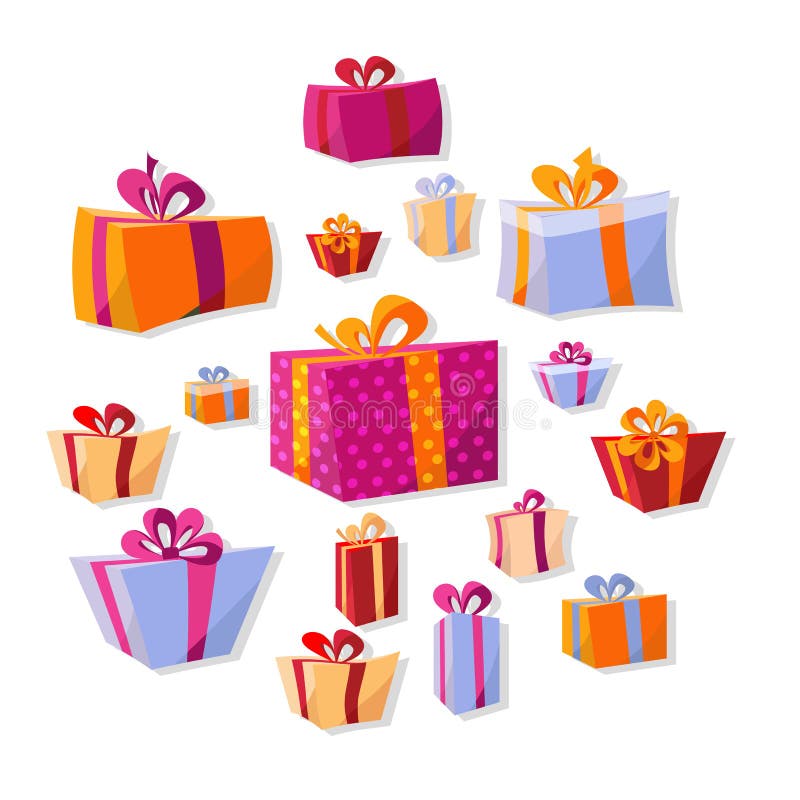 Colección de cajas de regalo planas del volumen aisladas en el fondo blanco La decoración brillante del Año Nuevo y de la Navidad stock de ilustración Colección de cajas de regalo planas del volumen aisladas en el fondo blanco La decoración brillante del Año Nuevo y de la Navidad stock de ilustración