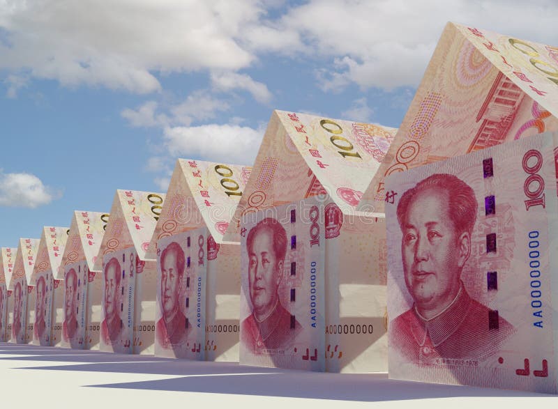 Colección de casas de billetes de yuan. Un concepto de billetes de banco de yuan doblados en forma de una masa de casas simples en un fondo aislado de rendimento 3d