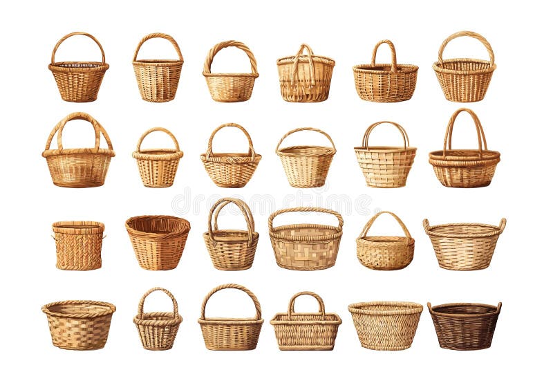 Colección de conjuntos vectores de caricatura de cesta de madera. hámbulos de mimbre paja de picnic bambú mantenimiento rural caja libre illustration
