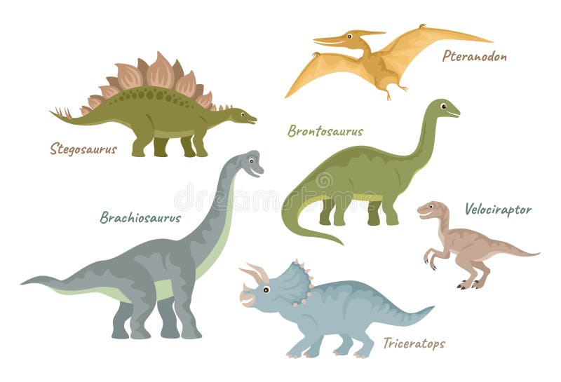Colección de dinosaurios planos lindos Criaturas del período jurásico ilustración del vector