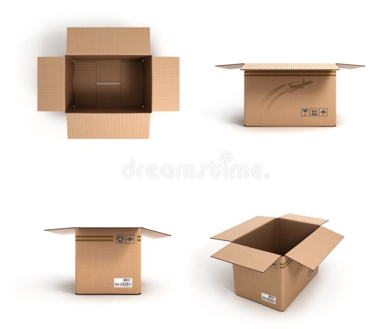 Collection of various open cardboard boxes on white. Collection of various open cardboard boxes on white