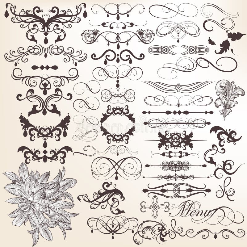 Colección de elemen decorativos y caligráficos del vintage del vector stock de ilustración Colección de elemen decorativos y caligráficos del vintage del vector stock de ilustración