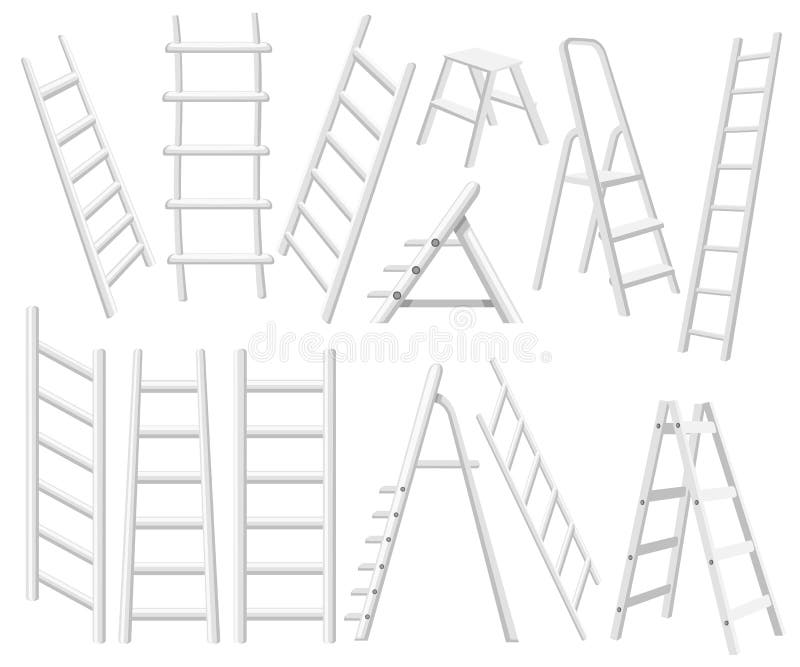 Colección de escaleras del metal Diversos tipos de escaleras de mano Ejemplo plano del vector aislado en el fondo blanco libre illustration Colección de escaleras del metal Diversos tipos de escaleras de mano Ejemplo plano del vector aislado en el fondo blanco libre illustration